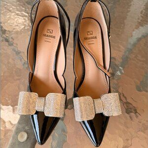 Seaside Black Stiletto Pumps w/Rhinestone Embellished Bow